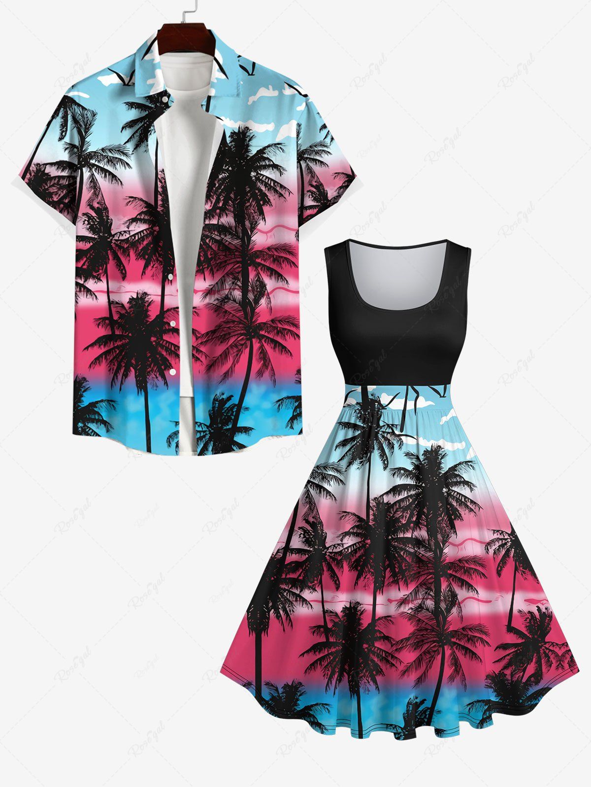 Outfits Coconut Tree Bird Cloud Colorblock Print Plus Size Matching Hawaii Beach Outfit for Couples  