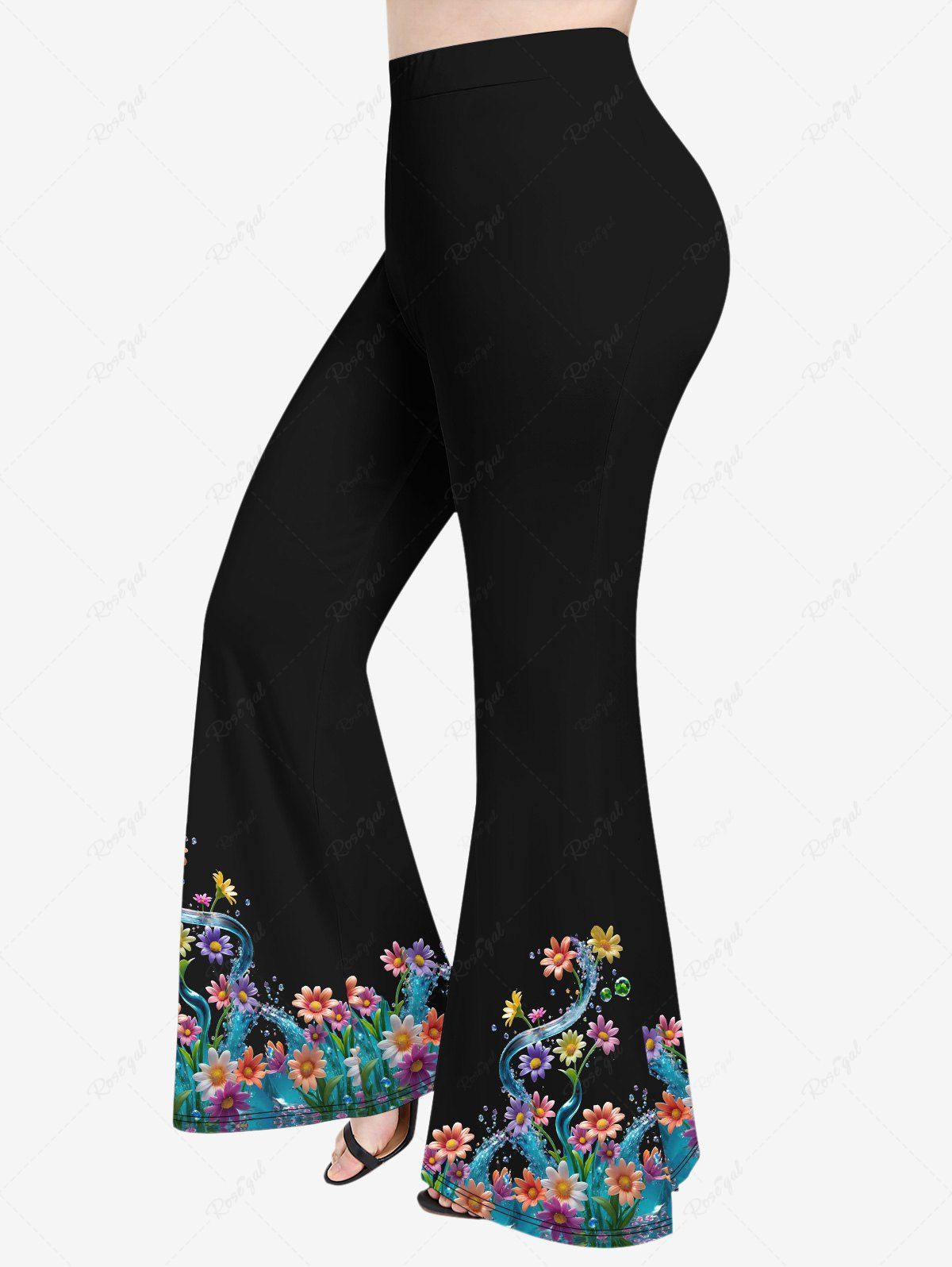 Pantalon Evasé Fleur Marguerite D'Eau Imprimée de Grande Taille Noir L