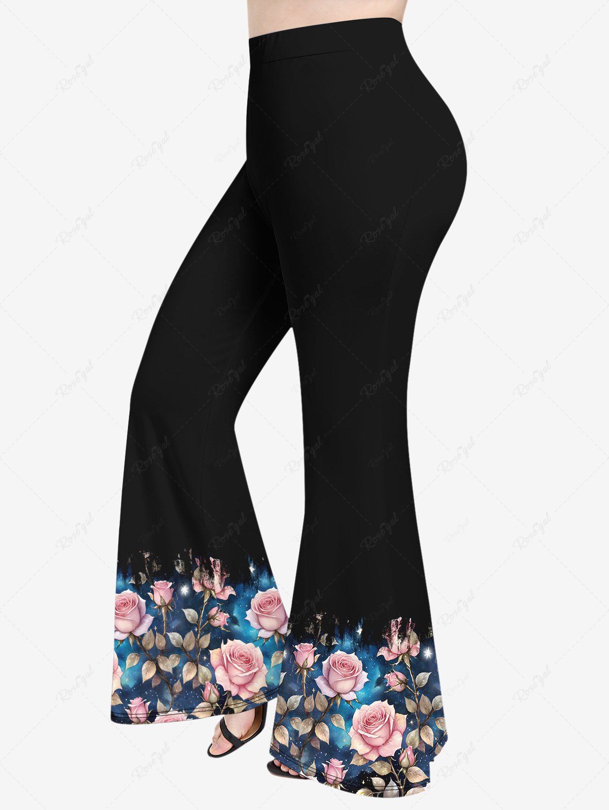 Pantalon Évasé Brillant à Imprimé Roses Etoiles et Feuilles 3D Grande-Taille Noir 1X