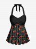 1950s Retro Cherry Dots Print Halter Ruched Cinched Boyleg Tankini Swimsuit -  