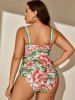 Plus Size Flower Leaf Print Ruched Crisscross Panel Bowknot One Piece Swimsuit -  
