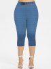 Plus Size Ombre Sea Waves Buckle Grommets Zipper Denim 3D Print Capri Leggings -  