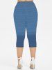 Plus Size Ombre Sea Waves Buckle Grommets Zipper Denim 3D Print Capri Leggings -  