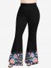 Pantalon Évasé Brillant à Imprimé Roses Etoiles et Feuilles 3D Grande-Taille - Noir 1X