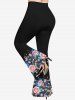 Pantalon Évasé Brillant à Imprimé Roses Etoiles et Feuilles 3D Grande-Taille - Noir 6X