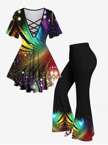 Galaxy Glitter Swirls 3D Printed Lattice Crisscross Flare Sleeve T-shirt and Flare Pants Plus Size Matching Set - MULTI-A