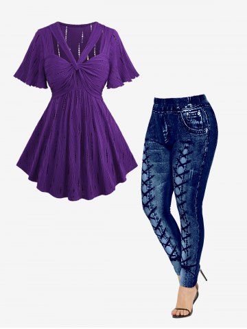 Twist Ruched Textured Top and 3D Printed Leggings Plus Size Outfit - PURPLE