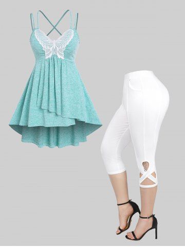 Lace Butterfly Panel High Low Tank Top and Sparkling Rhinestone Buckle Crisscross Hollow Out Pants Plus Size Matching Set - GREEN