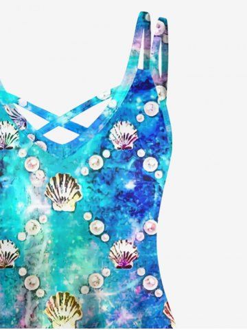 Sea Creatures Shell Pearl Ombre Print Crisscross Dress and Button Pocket Shirt Plus Size Matching Hawaii Beach Outfit for Couples