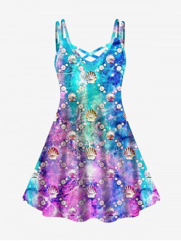 Sea Creatures Shell Pearl Ombre Print Crisscross Dress and Button Pocket Shirt Plus Size Matching Hawaii Beach Outfit for Couples