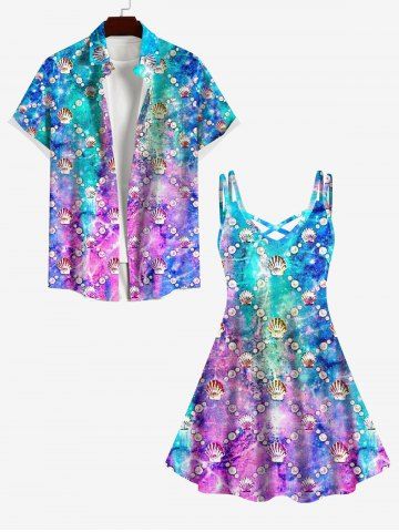 Sea Creatures Shell Pearl Ombre Print Crisscross Dress and Button Pocket Shirt Plus Size Matching Hawaii Beach Outfit for Couples - MULTI-A