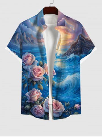 Hawaii Plus Size Sea Waves Rose Flowers Leaf Cloud Sun Print Button Pocket Shirt For Men