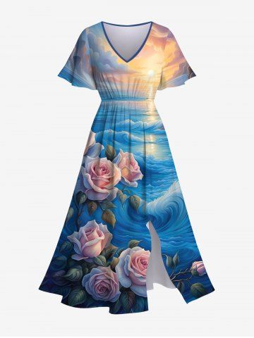 Hawaii Plus Size Sea Waves Rose Flowers Leaf Cloud Sun Print Split Dress