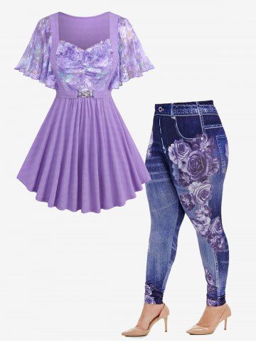 Colorful Floral Lace Overlay Ruched Textured Top and High Rise Floral Gym 3D Jeggings Plus Size Matching Set