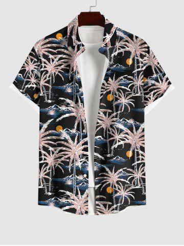 Hawaii Plus Size Coconut Tree Sun Mountain Print Buttons Pocket Shirt For Men - BLACK - XL