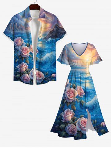 Sea Waves Rose Flowers Leaf Cloud Sun Print Plus Size Matching Hawaii Beach Outfit for Couples - MULTI-A