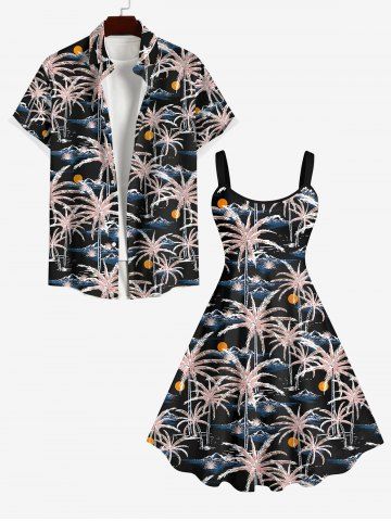 Coconut Tree Sun Mountain Print Plus Size Matching Hawaii Beach Outfit for Couples - BLACK