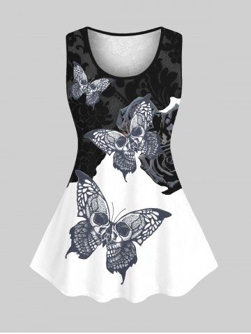 Plus Size 3D Lace Skull Butterfly Rose Flower Print Tank Top - BLACK - XS