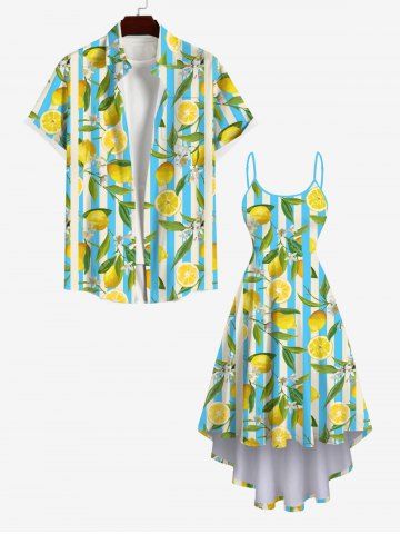 Stripe Lemon Leaf Flower Print Plus Size Matching Hawaii Beach Outfit for Couples - MULTI-A