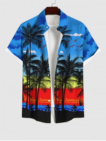 Plus Size Coconut Tree Cloud Sea Colorblock Print Buttons Pocket Shirt For Men