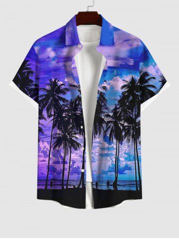 Hawaii Men's Coconut Tree Cloud Sea Print Buttons Pocket Shirt