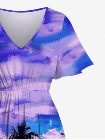 Hawaii Plus Size Coconut Tree Cloud Sea Print Pockets Split Dress