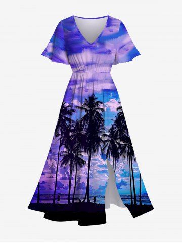 Robe Hawaii Fendue Arbre de Noix de Coco et Océan Imprimés avec Poche de Grande Taille
