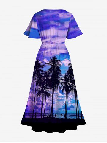 Hawaii Plus Size Coconut Tree Cloud Sea Print Pockets Split Dress