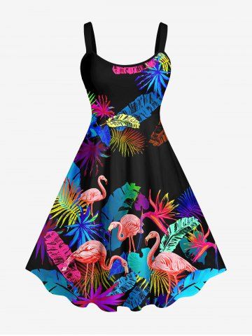 Hawaii Plus Size Coconut Tree Leaf Flamingo Print Backless A Line Tank Dress - BLACK - S