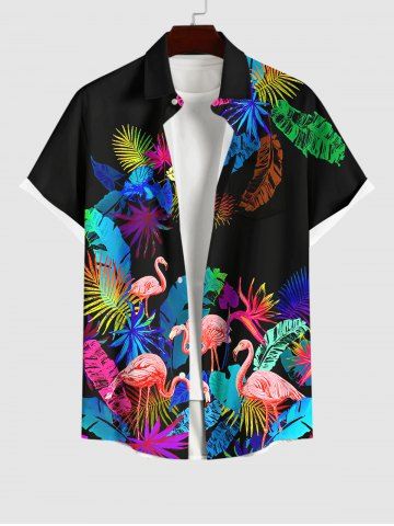 Hawaii Plus Size Turn-down Collar Flamingo Coconut Tree Leaf Print Button Pocket Shirt For Men - BLACK - M