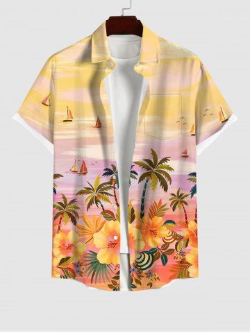 Hawaii Plus Size Coconut Tree Flower Sea Sailboat Print Button Pocket Shirt For Men - LIGHT ORANGE - S