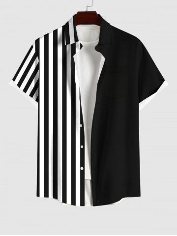 Men's Two Tone Stripes Print Buttons Pocket Shirt - BLACK - L