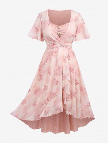 Plus Size Flutter Sleeves Ombre Floral Mesh Print Twist Ruffles Daisy Ruched Layered High Low Asymmetric 2 in 1 A Line Dress - LIGHT PINK - 1X | US 14-16