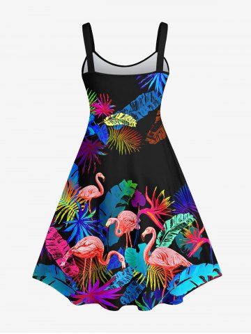 Hawaii Plus Size Coconut Tree Leaf Flamingo Print Backless A Line Tank Dress