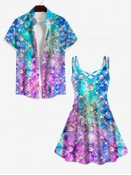 Sea Creatures Shell Pearl Ombre Print Crisscross Dress and Button Pocket Shirt Plus Size Matching Hawaii Beach Outfit for Couples -  