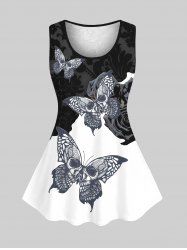 Plus Size 3D Lace Skull Butterfly Rose Flower Print Tank Top -  