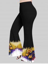 Pantalon Évasé Peinture Imprimé Rose Grande Taille - Noir 3X