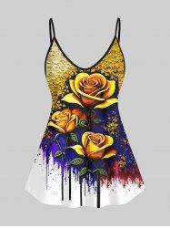 Plus Size Rose Flower Paint Drop Sequins Print Cami Top(Adjustable Shoulder Strap) -  