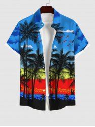 Hawaii Plus Size Coconut Tree Cloud Sea Colorblock Print Buttons Pocket Shirt For Men -  