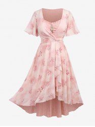 Plus Size Flutter Sleeves Ombre Floral Mesh Print Twist Ruffles Daisy Ruched Layered High Low Asymmetric 2 in 1 A Line Dress -  