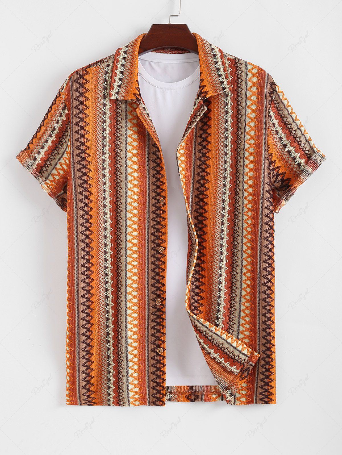 Best Men's Zig Zag Jacquard Openwork Knit Button Up Short Sleeves Shirt  