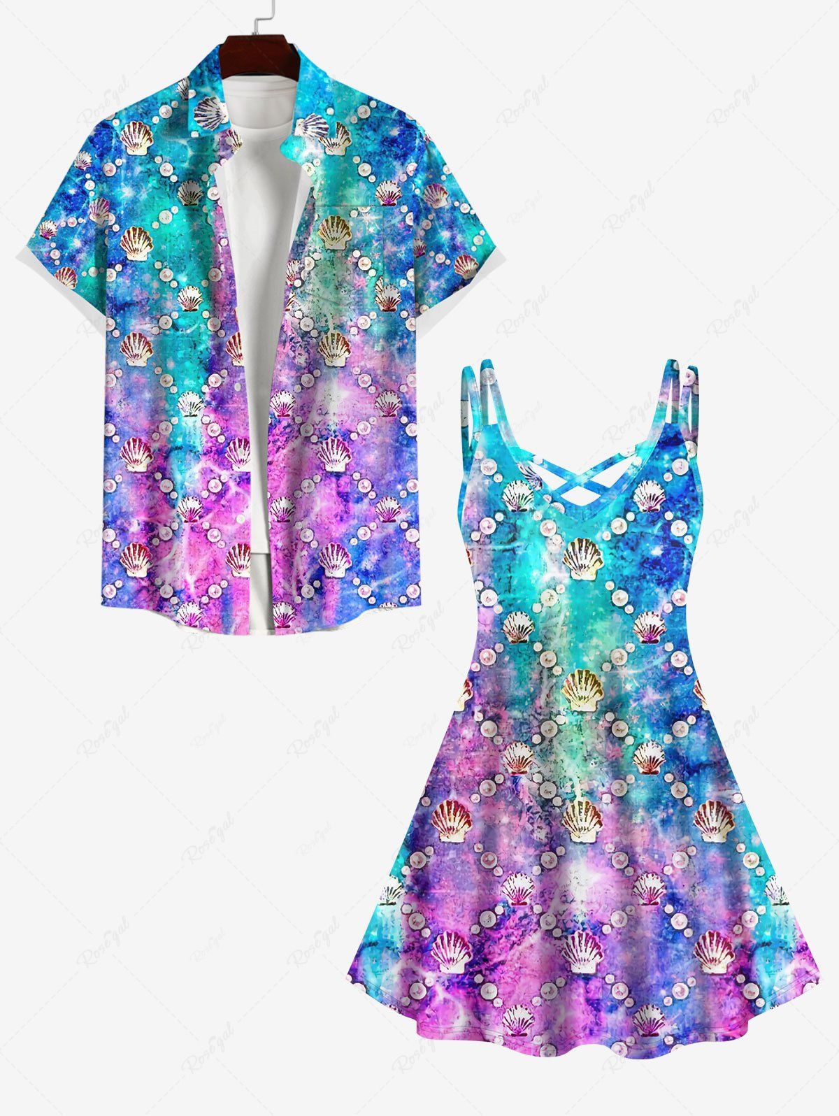 Hot Sea Creatures Shell Pearl Ombre Print Crisscross Dress and Button Pocket Shirt Plus Size Matching Hawaii Beach Outfit for Couples  
