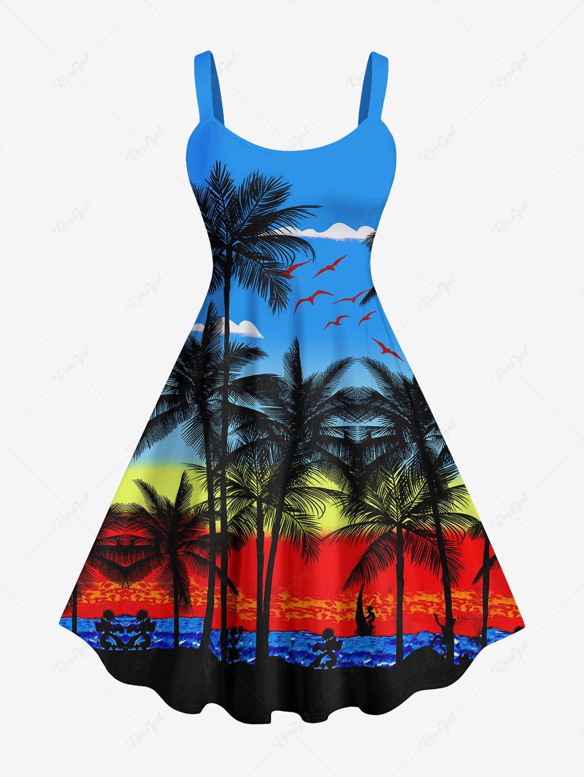 Store Hawaii Plus Size Coconut Tree Cloud Sea Colorblock Print Tank Dress  