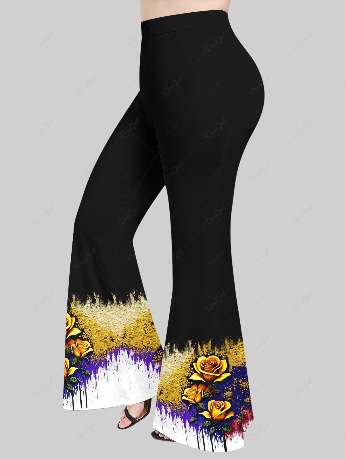 Pantalon Évasé Peinture Imprimé Rose Grande Taille Noir 3X