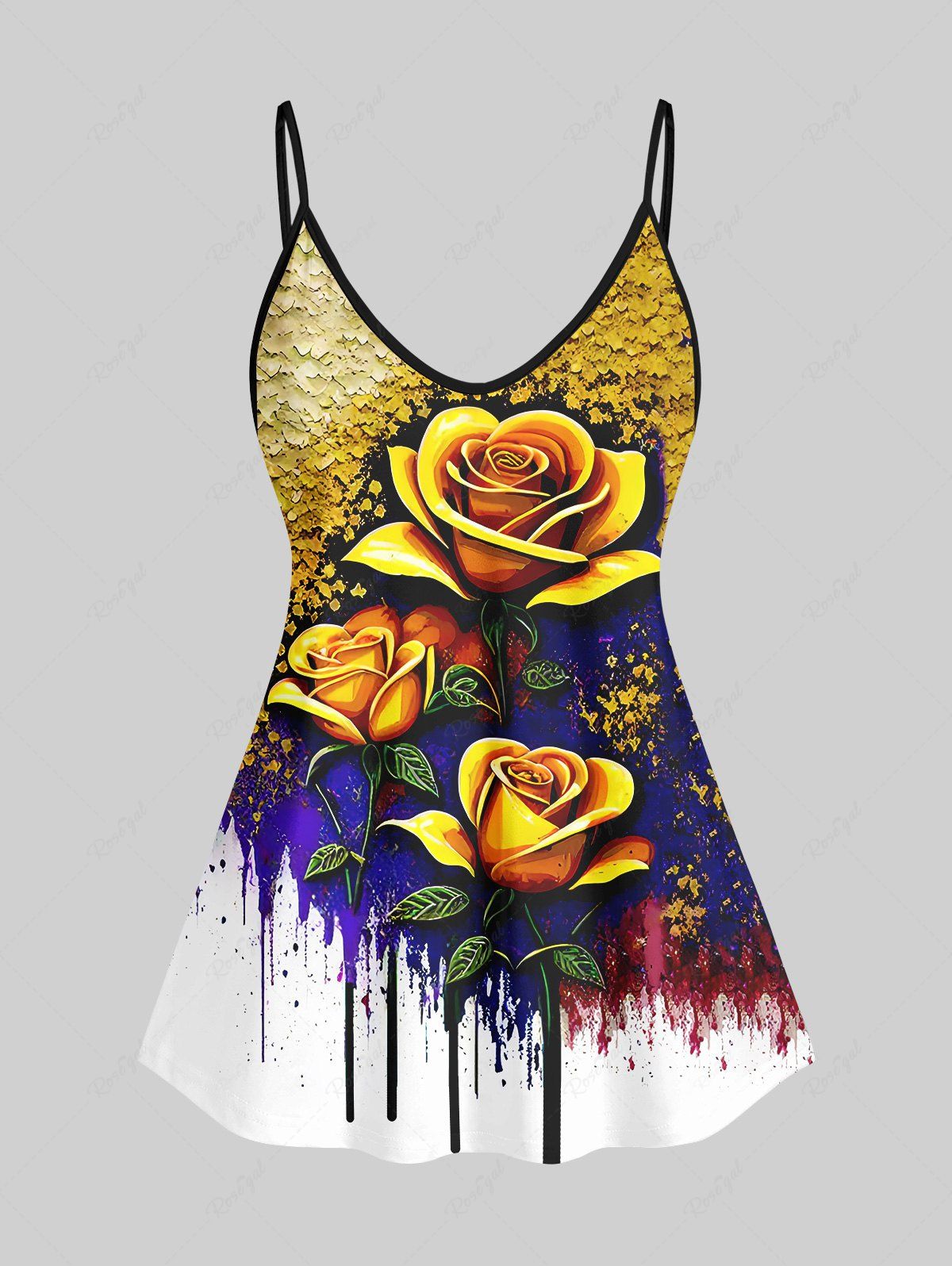 Buy Plus Size Rose Flower Paint Drop Sequins Print Cami Top(Adjustable Shoulder Strap)  