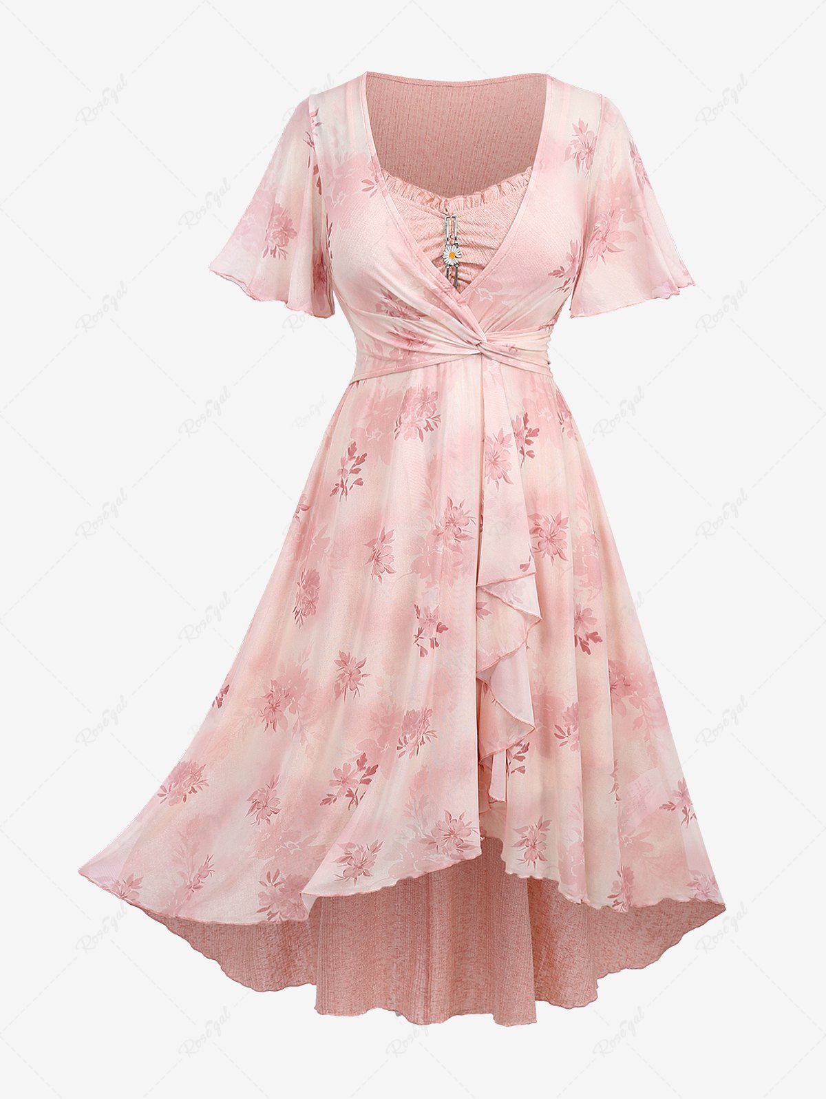 New Plus Size Flutter Sleeves Ombre Floral Mesh Print Twist Ruffles Daisy Ruched Layered High Low Asymmetric 2 in 1 A Line Dress  