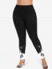 Plus Size Skull Butterfly Rose Flower Print Leggings -  