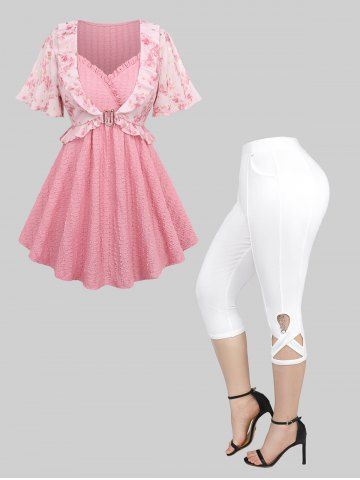 Flower Four Leaf Clover Gilding Printed Ruffles Crinkle Textured Top and Pocket Hollow Out Pants Plus Size Matching Set - LIGHT PINK