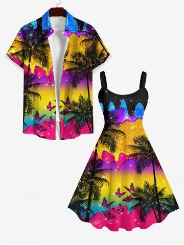Coconut Tree Butterfly Paint Drop Sparkling Ombre Galaxy Print Dress and Button Shirt Plus Size Matching Hawaii Beach Outfit for Couples - MULTI-A