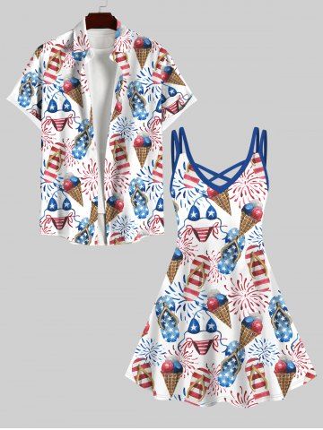 Bikinis Fireworks Ice Cream Print Crisscross Dress and Button Pocket Shirt Plus Size Matching Hawaii Beach Outfit for Couples - WHITE